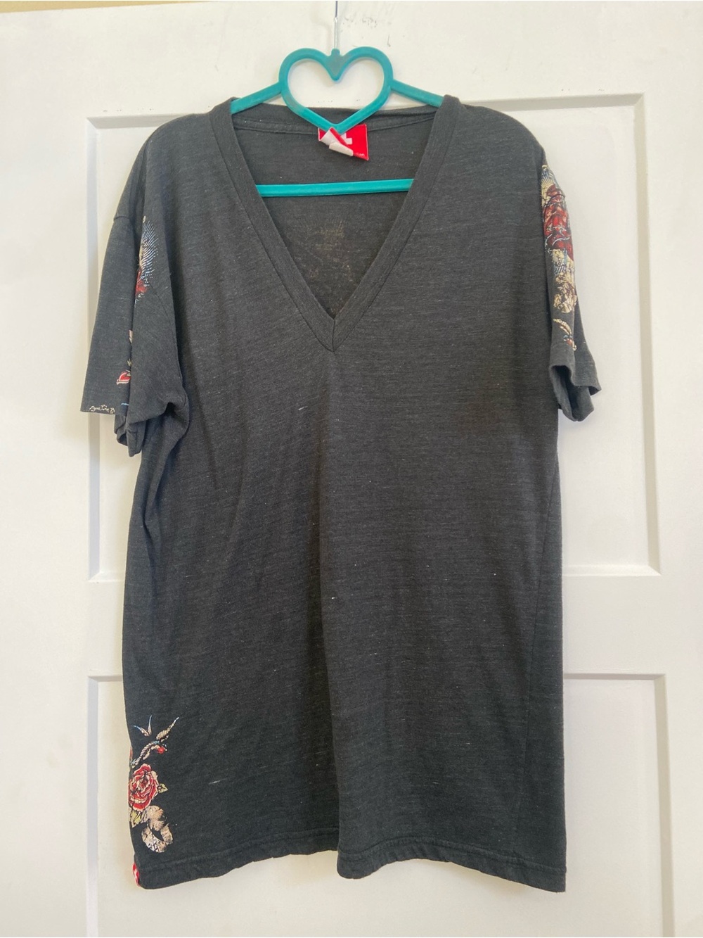 Andrew Christian Charcoal V-Neck Tee with Rose Accents